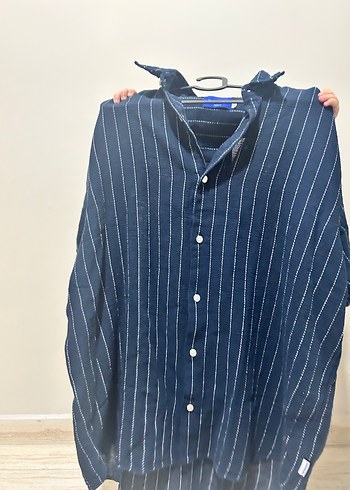 Lacivert Çizgili Keten Erkek Gömlek - Görsel 2