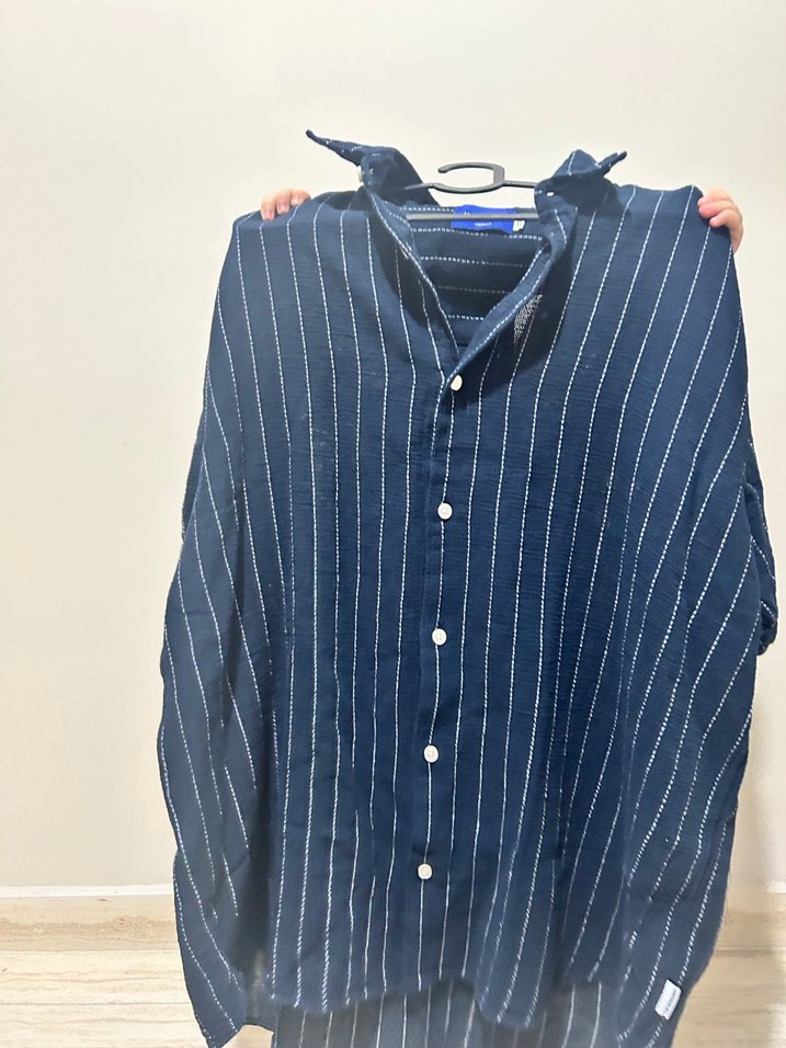 Lacivert Çizgili Keten Erkek Gömlek - Görsel 2