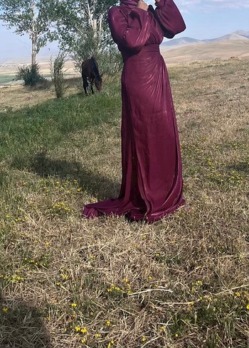 Vişne çürüğü Uzun Kollu Drapeli Uzun Abiye