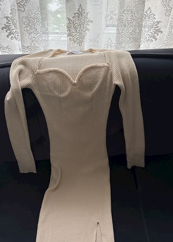 Uzun Kollu V Yaka Beyaz Triko Kadın Elbise - Görsel 2