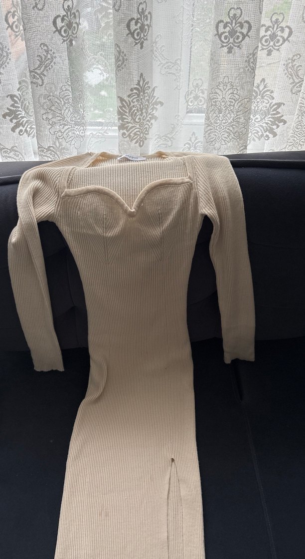 Uzun Kollu V Yaka Beyaz Triko Kadın Elbise - Görsel 2