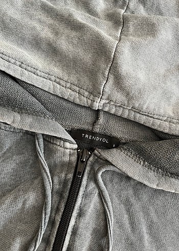 s Beden gri Renk Gri Kapüşonlu Kadın Denim Görünümlü Sweatshirt