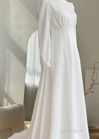 Uzun Kollu Yüksek Yakalı Beyaz Gelinlik/Nikah elbisesi