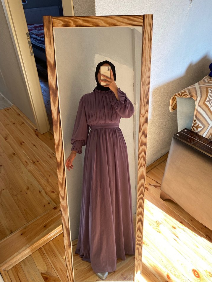 Kadın Mor Pilili Uzun Elbise - Görsel 2