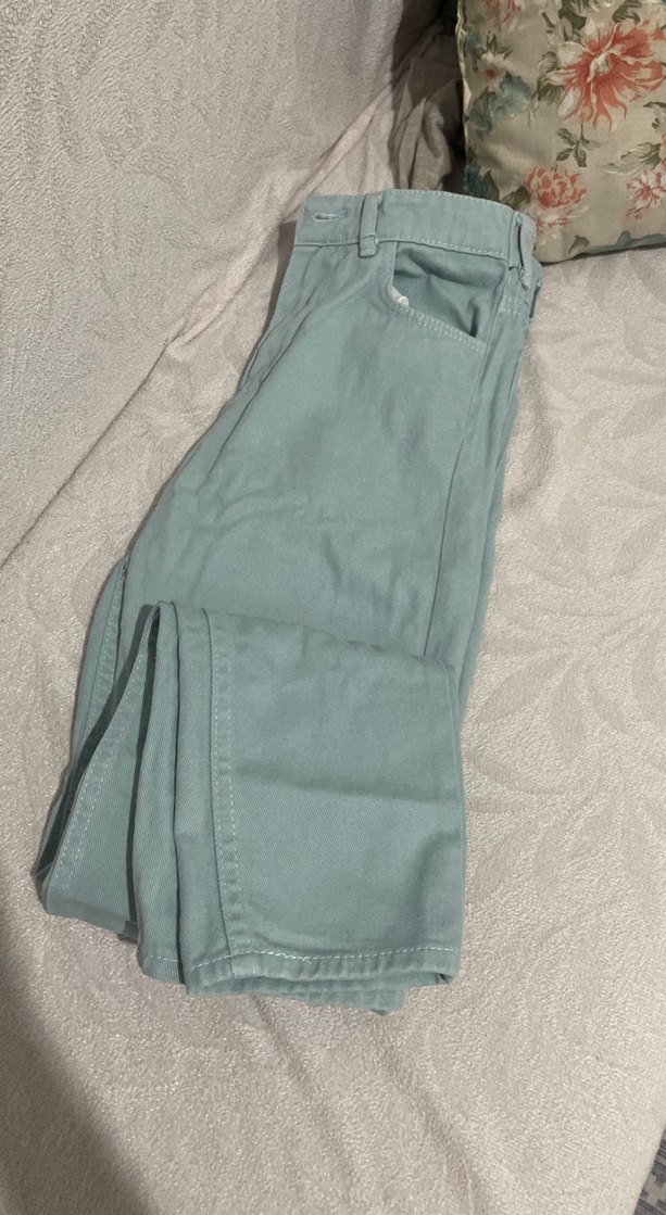 Turkuaz Renkli Rahat Kesim Kadın Mom Jean - Görsel 3