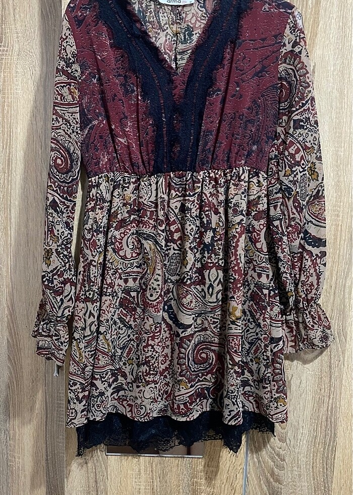 Uzun kol etnik desenli kahverengi krem elbise - Görsel 2