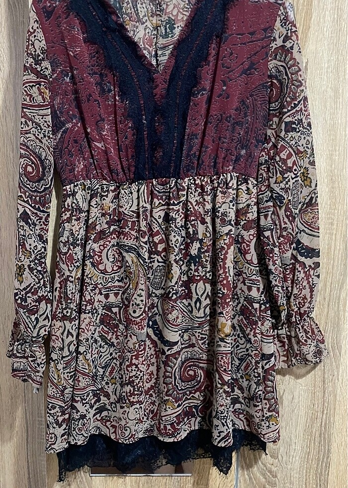 Uzun kol etnik desenli kahverengi krem elbise - Görsel 3