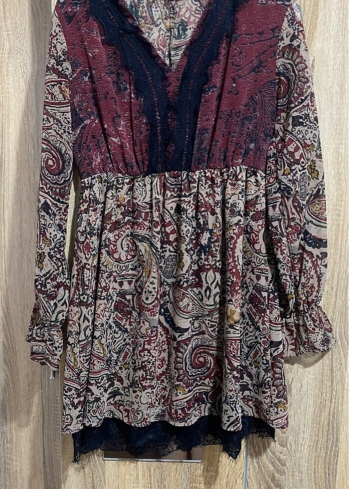 Uzun kol etnik desenli kahverengi krem elbise - Görsel 4