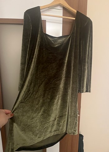 Kadife Haki Kare Yaka Mini Elbise - Görsel 2