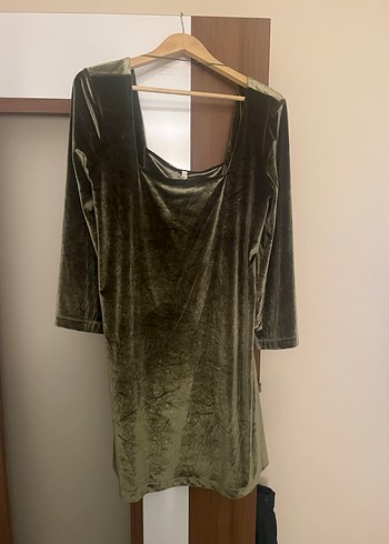 Kadife Haki Kare Yaka Mini Elbise - Görsel 3