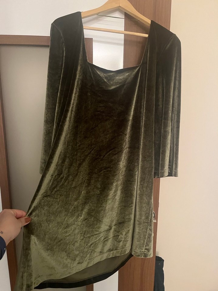 Kadife Haki Kare Yaka Mini Elbise - Görsel 2