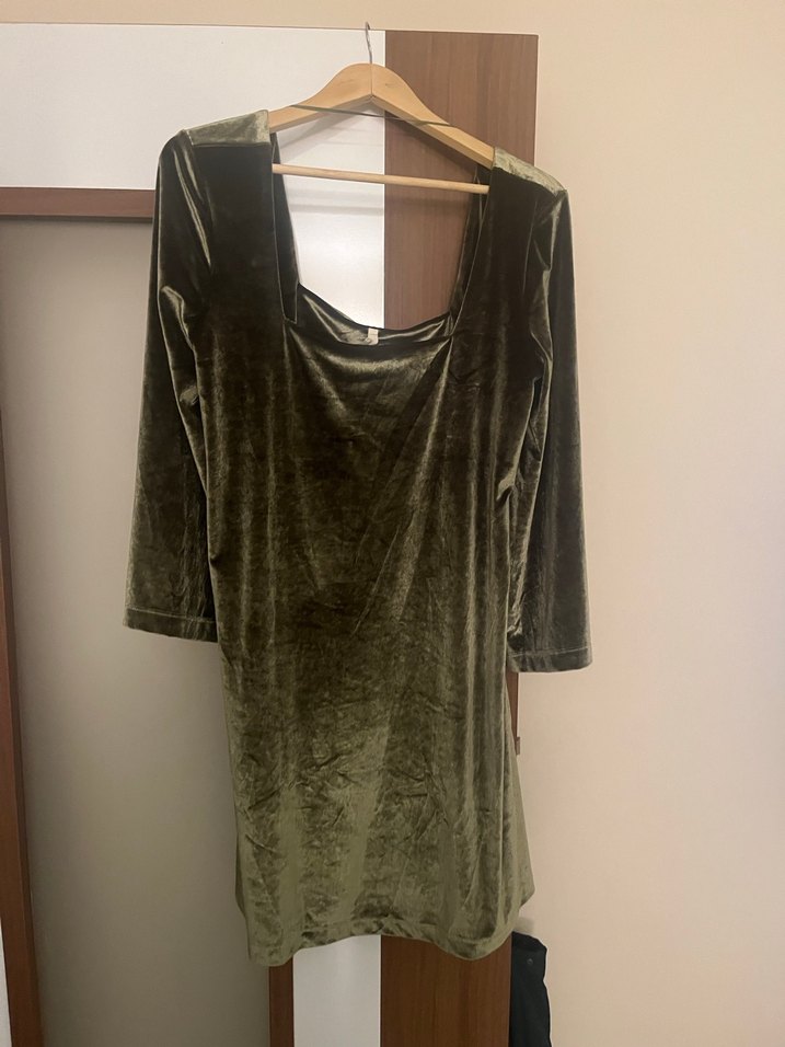 Kadife Haki Kare Yaka Mini Elbise - Görsel 3