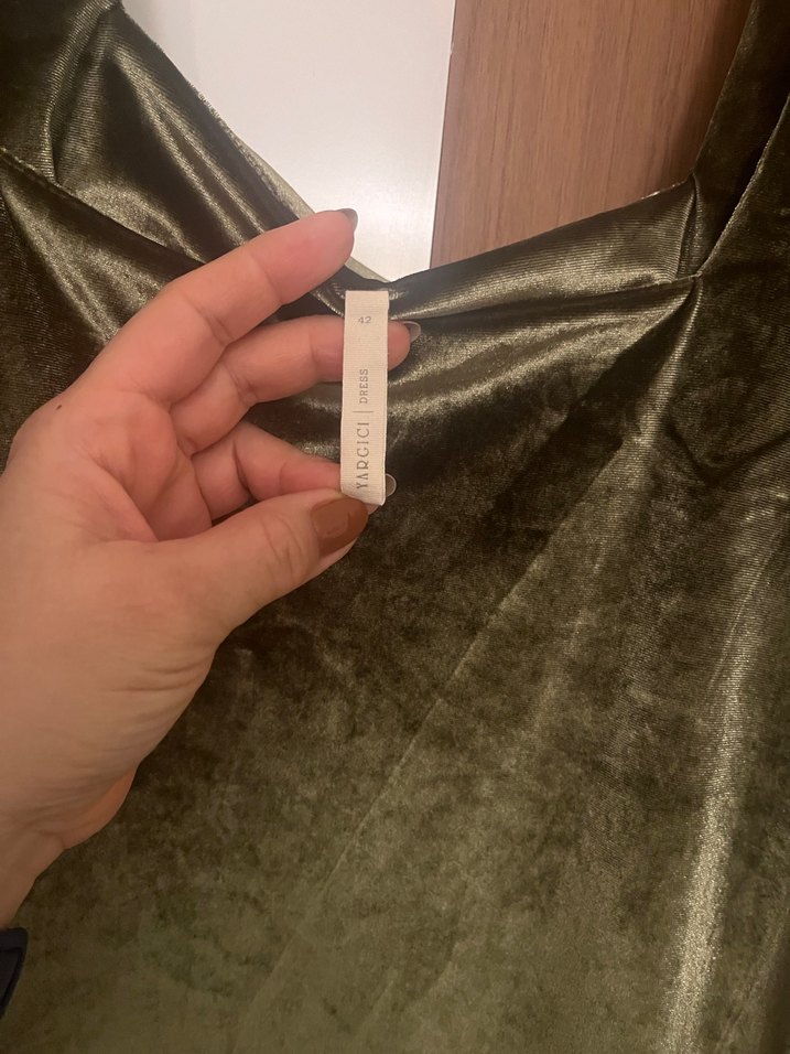 Kadife Haki Kare Yaka Mini Elbise - Görsel 4