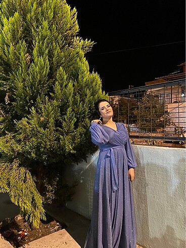 l Beden mavi Renk Simli uzun abiye