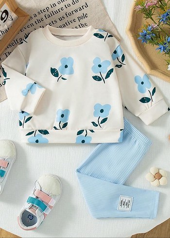 Uzun Kollu Mavi Çiçekli Bebek Takımı
