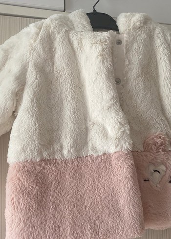 Kapüşonlu Beyaz ve Pembe Kız Çocuk Peluş Ceket - Görsel 2