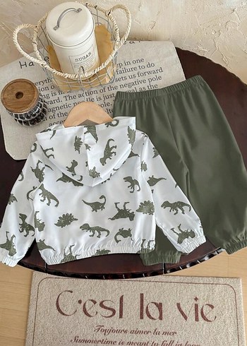 Erkek Bebek Dinazor Desenli Kapüşonlu 2li Takım - Görsel 2