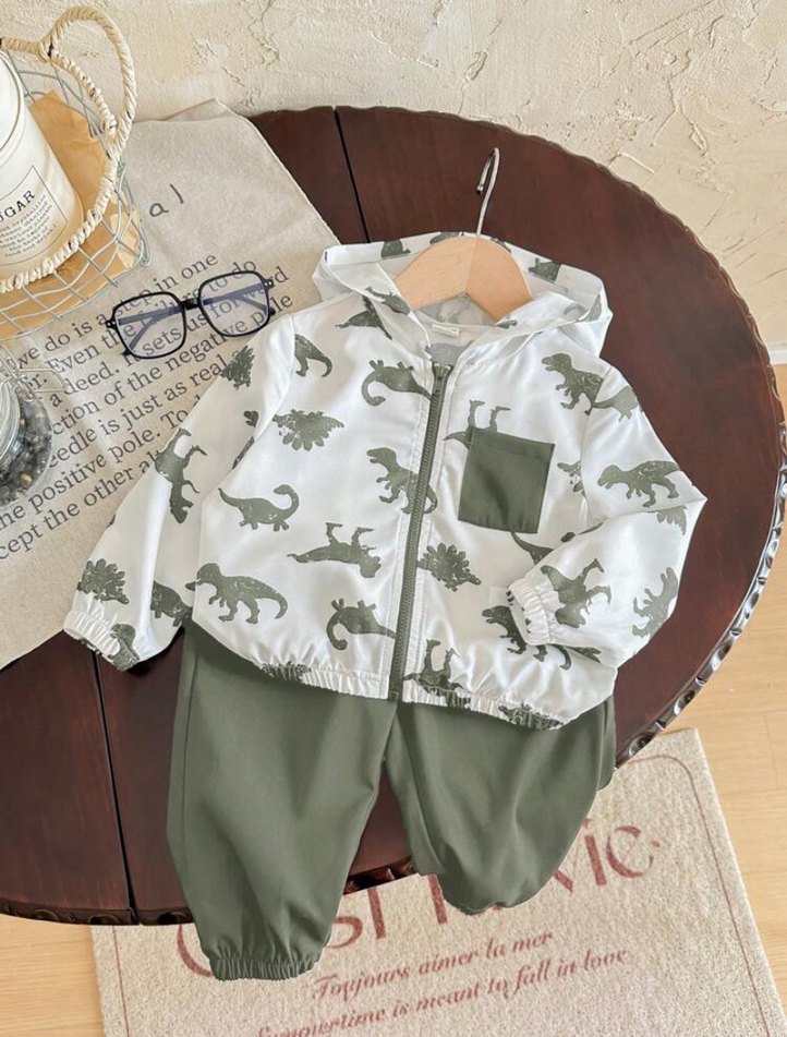 Erkek Bebek Dinazor Desenli Kapüşonlu 2li Takım - Görsel 3