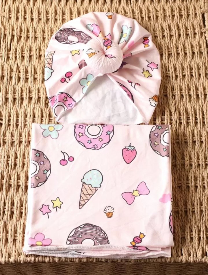 Donut ve Tatlı Desenli Pembe Bebek Kundak 2li set - Görsel 2