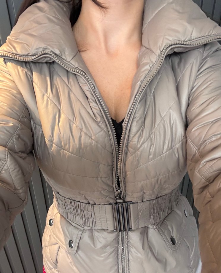 Gri Kemerli Kadın Kışlık Mont - Görsel 4