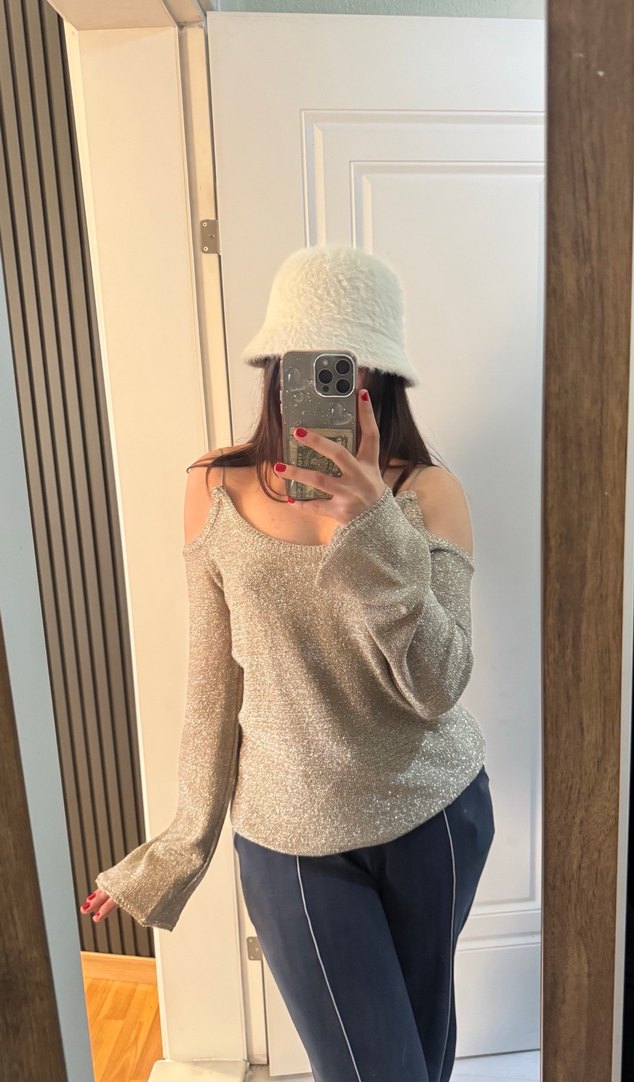 Bej Straplez Örgü Kadın Kazak KOTON - Görsel 3