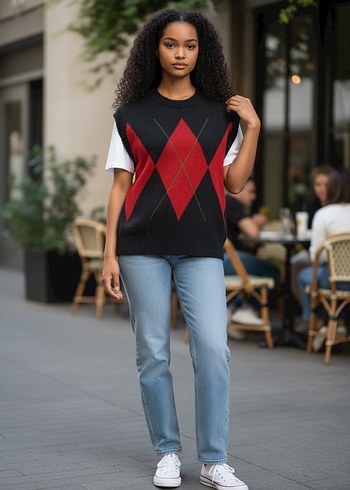 Erkek Siyah Kırmızı Desenli Kolsuz Örgü Süveter - Görsel 5