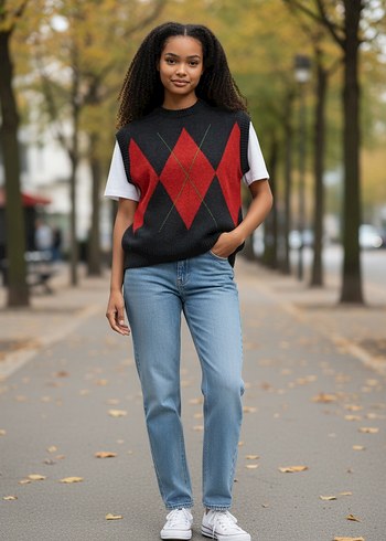 Erkek Siyah Kırmızı Desenli Kolsuz Örgü Süveter - Görsel 6