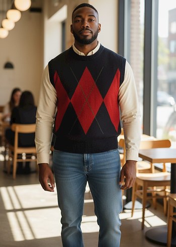 Erkek Siyah Kırmızı Desenli Kolsuz Örgü Süveter - Görsel 4