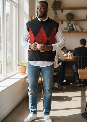 Erkek Siyah Kırmızı Desenli Kolsuz Örgü Süveter - Görsel 2