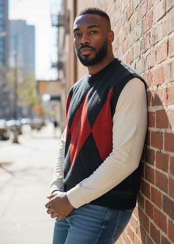 Erkek Siyah Kırmızı Desenli Kolsuz Örgü Süveter - Görsel 3