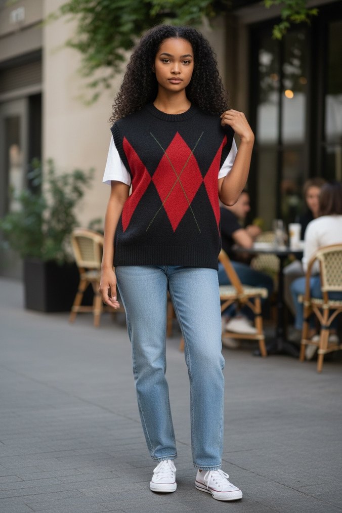 Erkek Siyah Kırmızı Desenli Kolsuz Örgü Süveter - Görsel 5