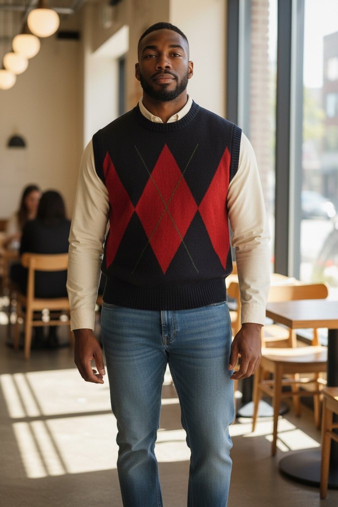 Erkek Siyah Kırmızı Desenli Kolsuz Örgü Süveter - Görsel 4