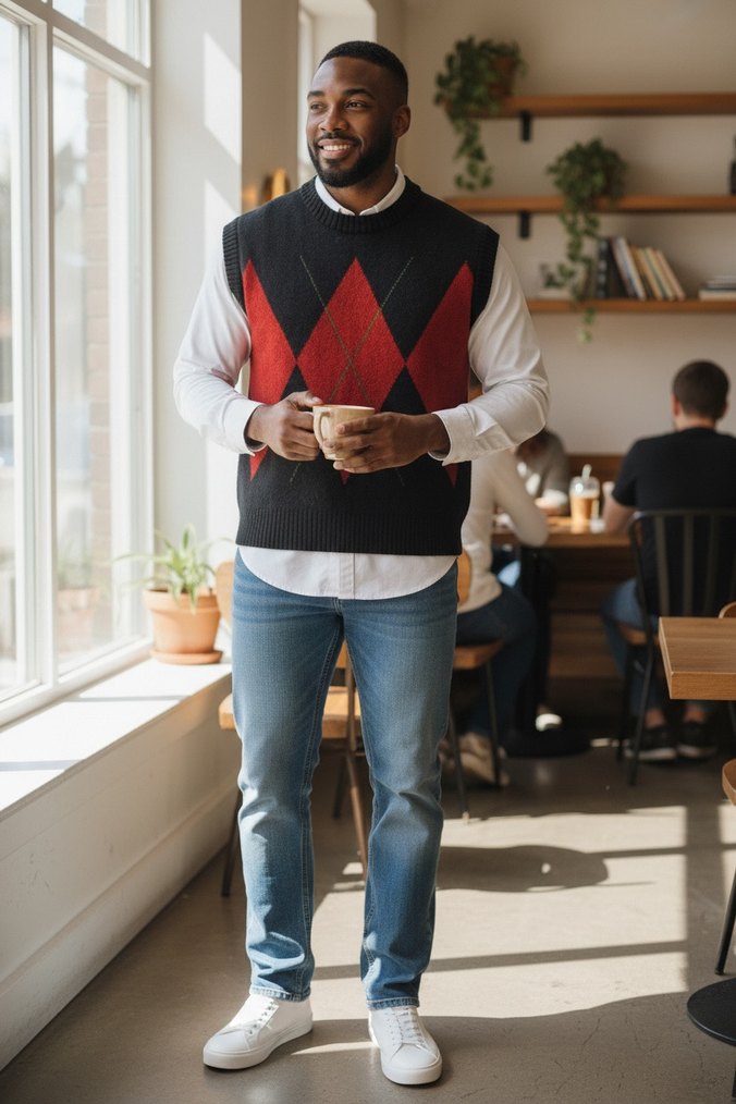 Erkek Siyah Kırmızı Desenli Kolsuz Örgü Süveter - Görsel 2