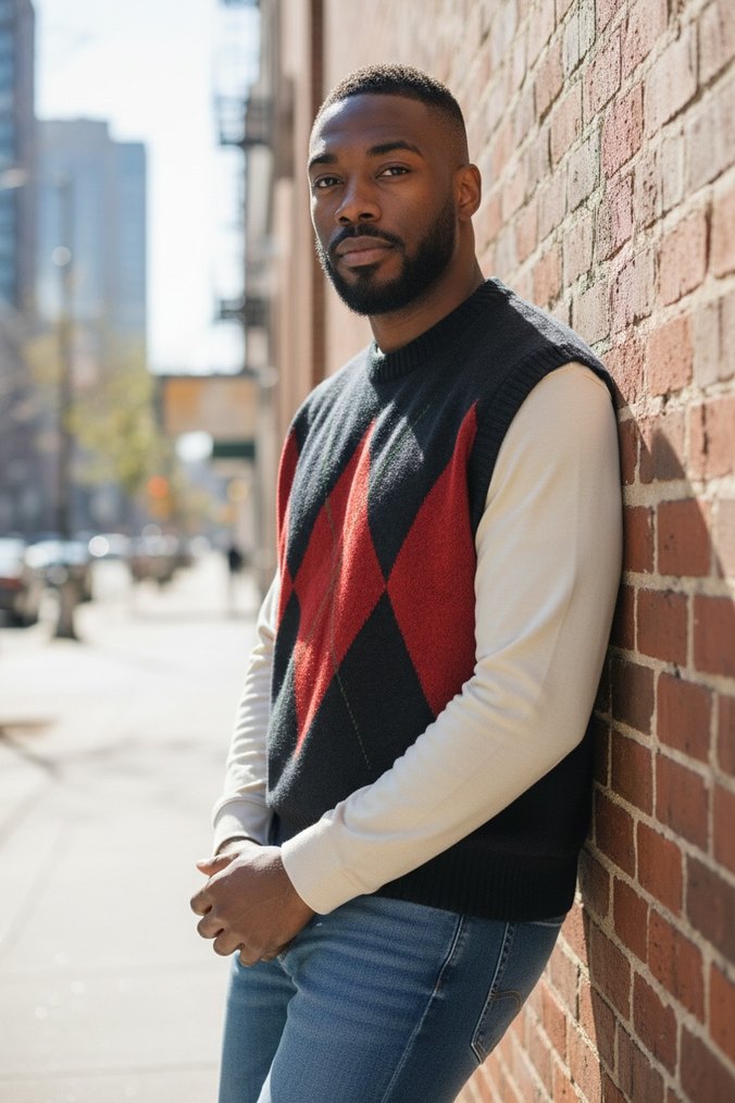 Erkek Siyah Kırmızı Desenli Kolsuz Örgü Süveter - Görsel 3