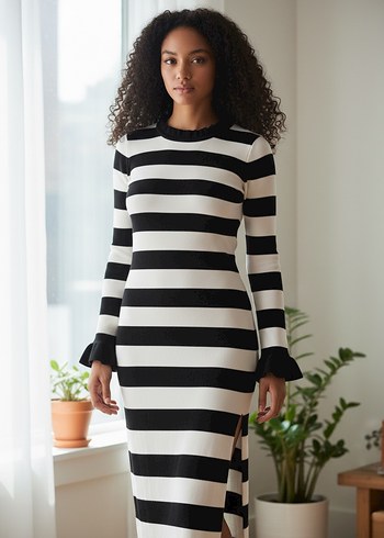 Siyah Beyaz Çizgili Uzun Kollu Triko Elbise - Görsel 2