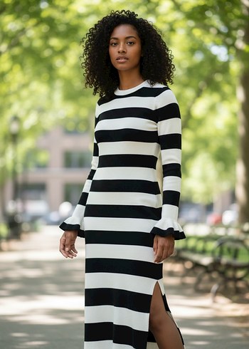 Siyah Beyaz Çizgili Uzun Kollu Triko Elbise - Görsel 5