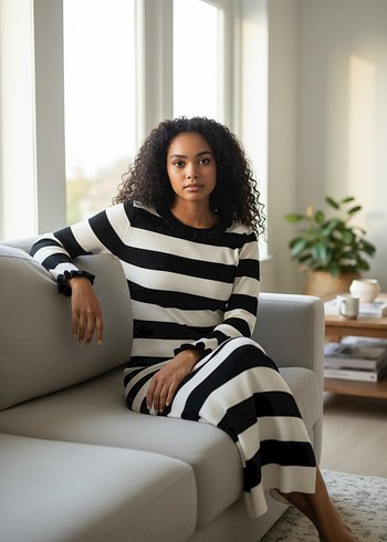 Siyah Beyaz Çizgili Uzun Kollu Triko Elbise - Görsel 4