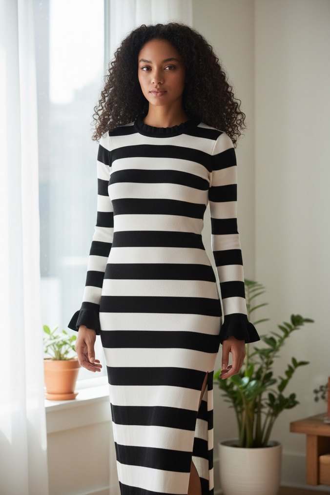 Siyah Beyaz Çizgili Uzun Kollu Triko Elbise - Görsel 2