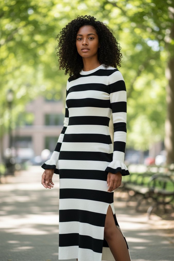 Siyah Beyaz Çizgili Uzun Kollu Triko Elbise - Görsel 5