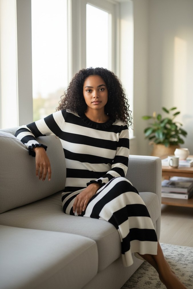 Siyah Beyaz Çizgili Uzun Kollu Triko Elbise - Görsel 4