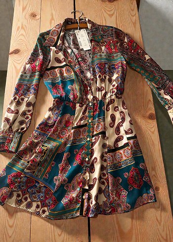 Bohem Desenli V Yakalı Mini Elbise - Görsel 2