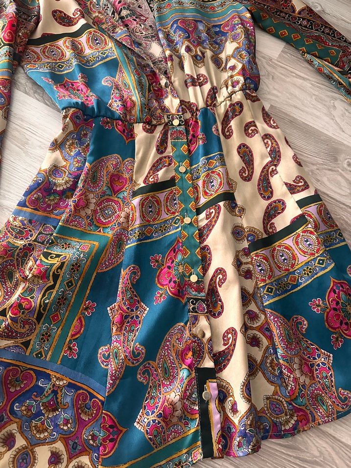 Bohem Desenli V Yakalı Mini Elbise - Görsel 4