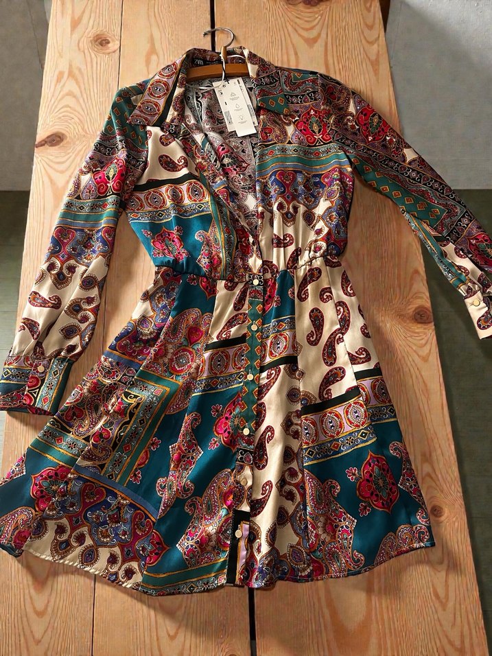 Bohem Desenli V Yakalı Mini Elbise - Görsel 2