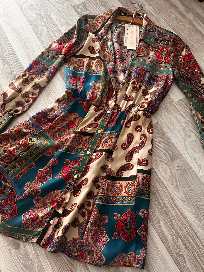 Bohem Desenli V Yakalı Mini Elbise - Görsel 5