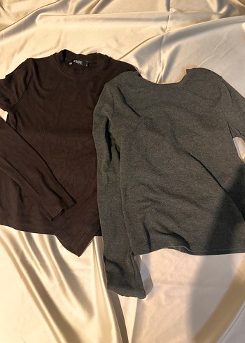 Gri ve Kahverengi Bisiklet yaka basic bluz - Görsel 4