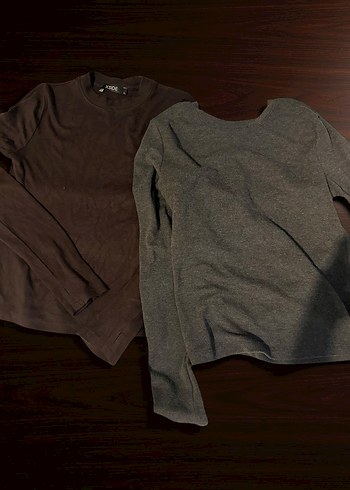 Gri ve Kahverengi Bisiklet yaka basic bluz - Görsel 2