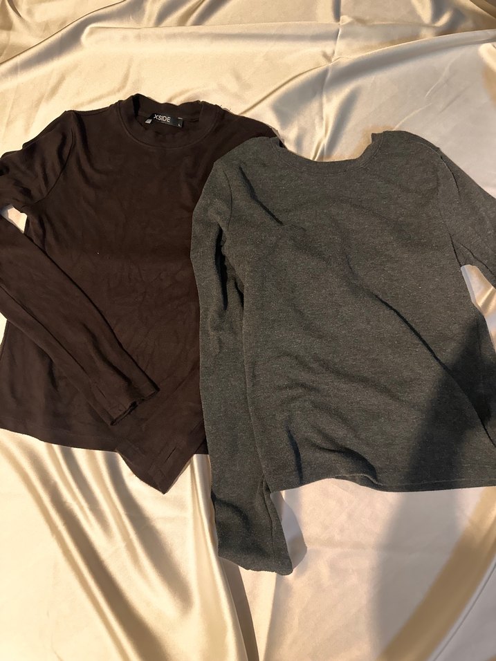 Gri ve Kahverengi Bisiklet yaka basic bluz - Görsel 3