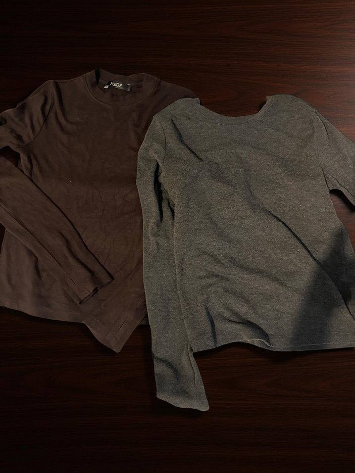 Gri ve Kahverengi Bisiklet yaka basic bluz - Görsel 2