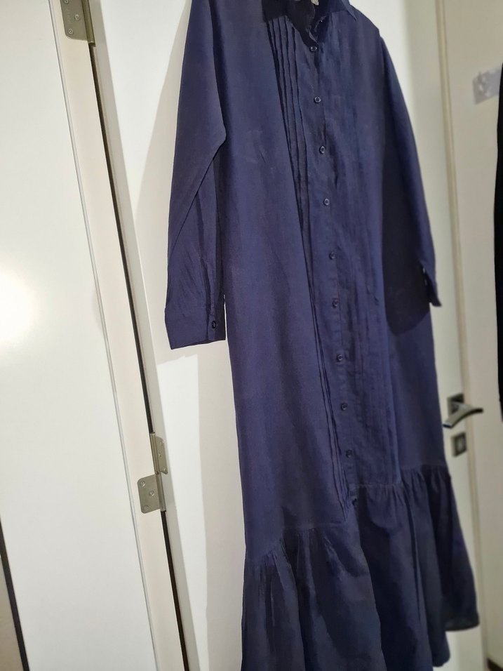 Lacivert Uzun Keten Elbise - Görsel 3