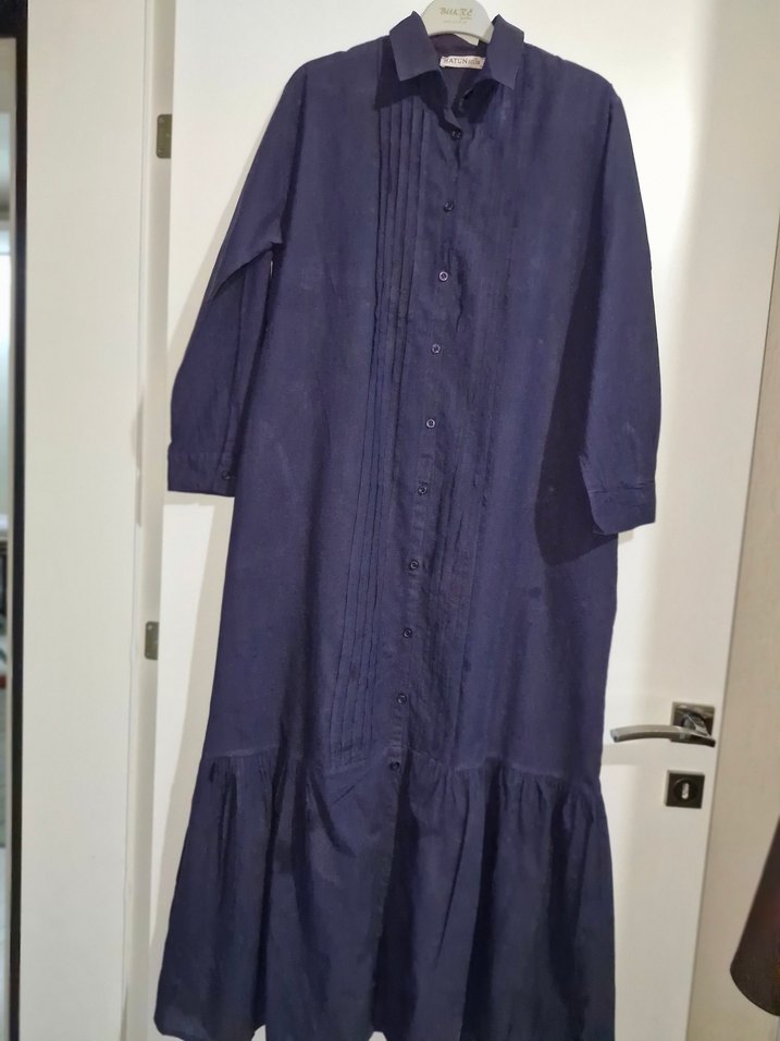 Lacivert Uzun Keten Elbise - Görsel 2